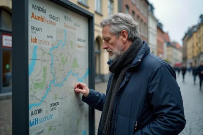 Homme belge examine une carte dans une place historique