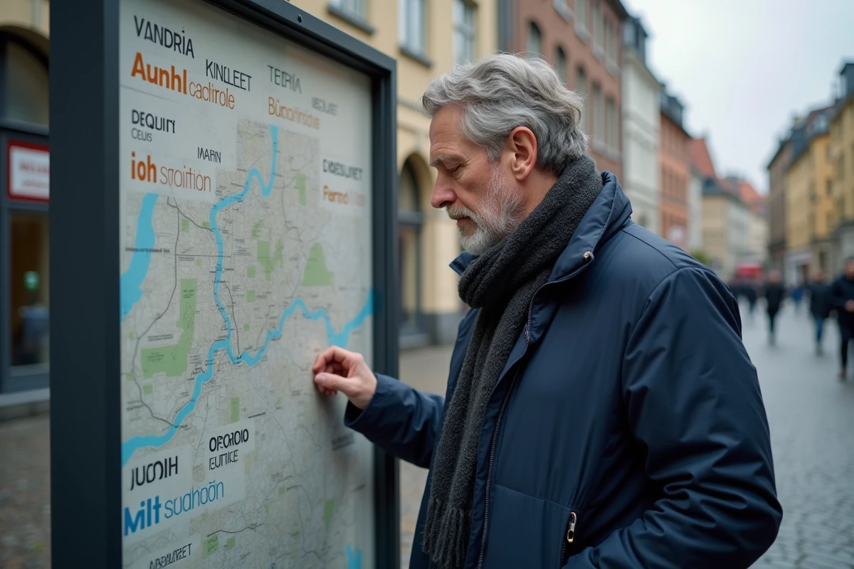 Homme belge examine une carte dans une place historique