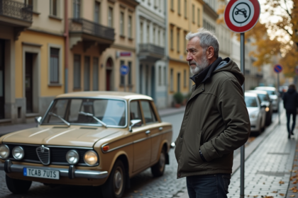 Homme pensif devant panneau restriction voitures anciennes