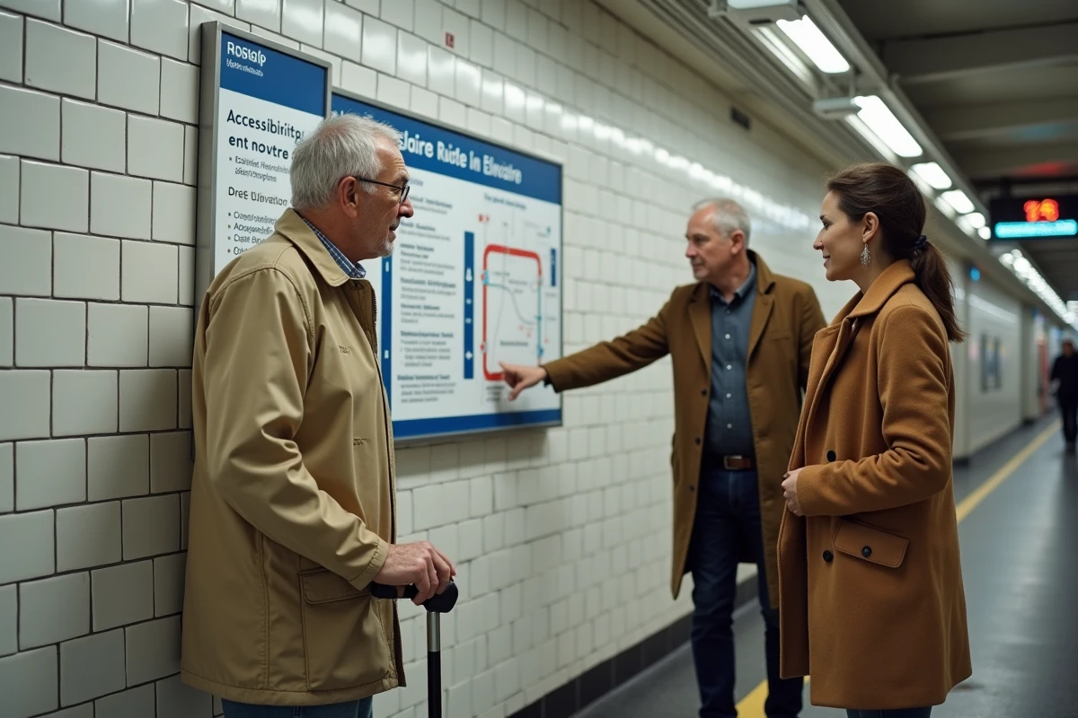 Senior avec canne et accompagnatrice consultant un panneau d'information accessibilité PMR dans le couloir d'une station de métro ligne 4 Paris