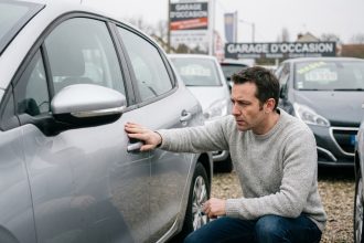 Homme inspectant une voiture d'occasion dans un garage automobile français en 2026