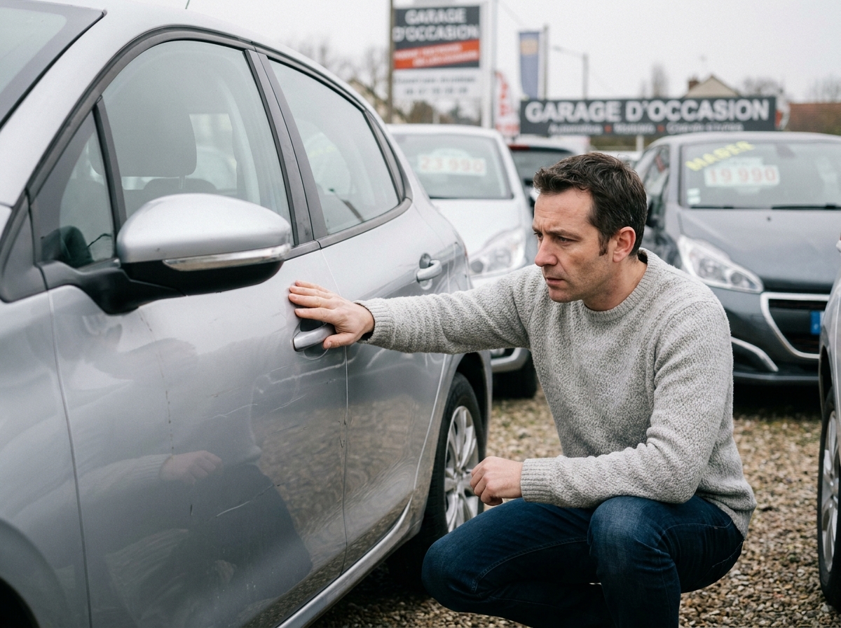 Homme inspectant une voiture d'occasion dans un garage automobile français en 2026