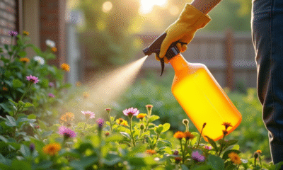 Personne pulvérisant un herbicide maison dans le jardin ensoleille