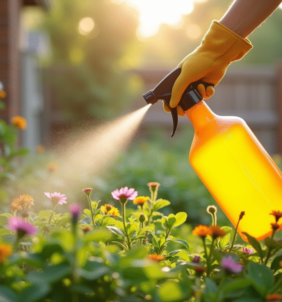 Personne pulvérisant un herbicide maison dans le jardin ensoleille
