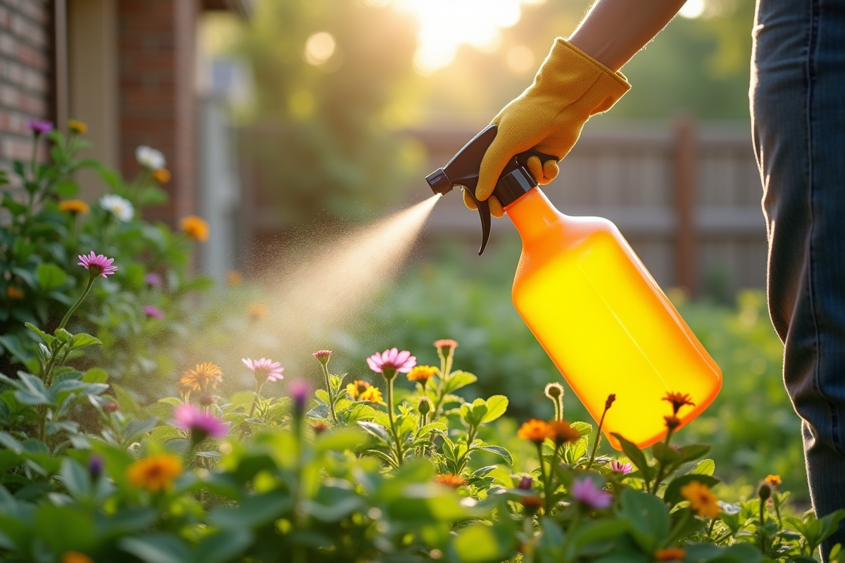 Personne pulvérisant un herbicide maison dans le jardin ensoleille