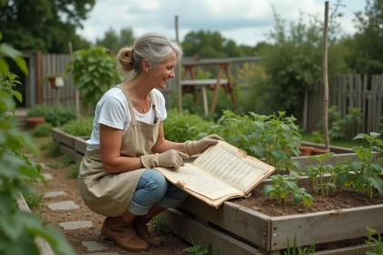 Femme jardinière consultant un calendrier lunaire dans son potager surélevé entouré de tomates et de légumes feuilles