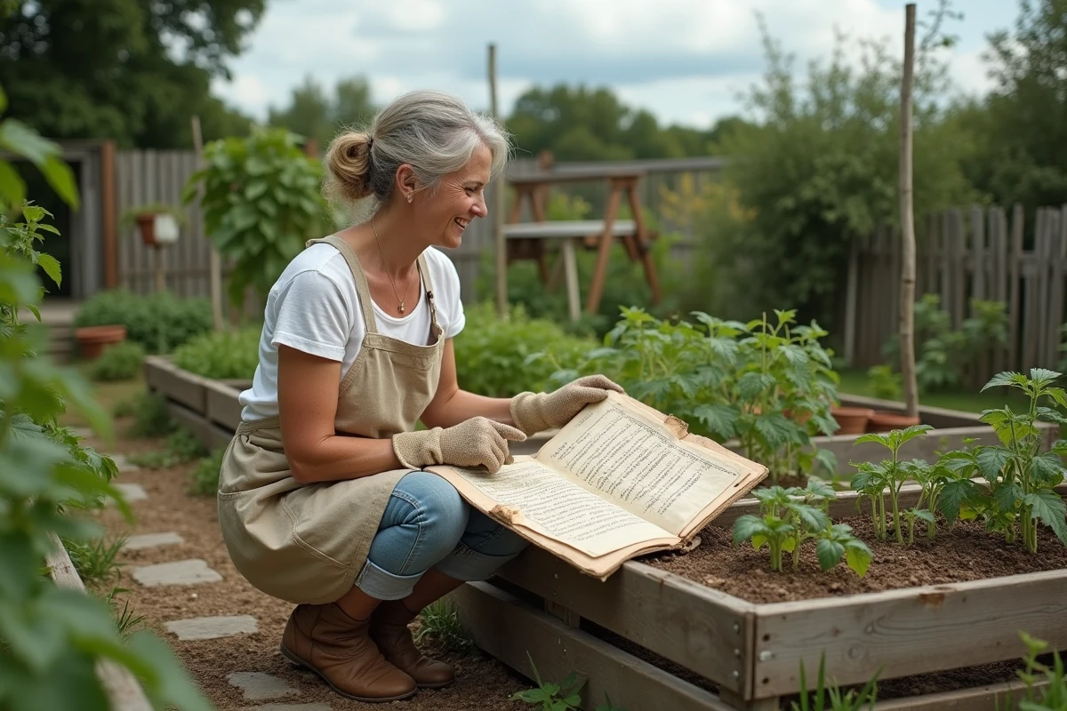 Femme jardinière consultant un calendrier lunaire dans son potager surélevé entouré de tomates et de légumes feuilles