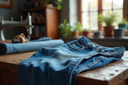 Jeans bleus classiques sur une table en bois avec outils de couture