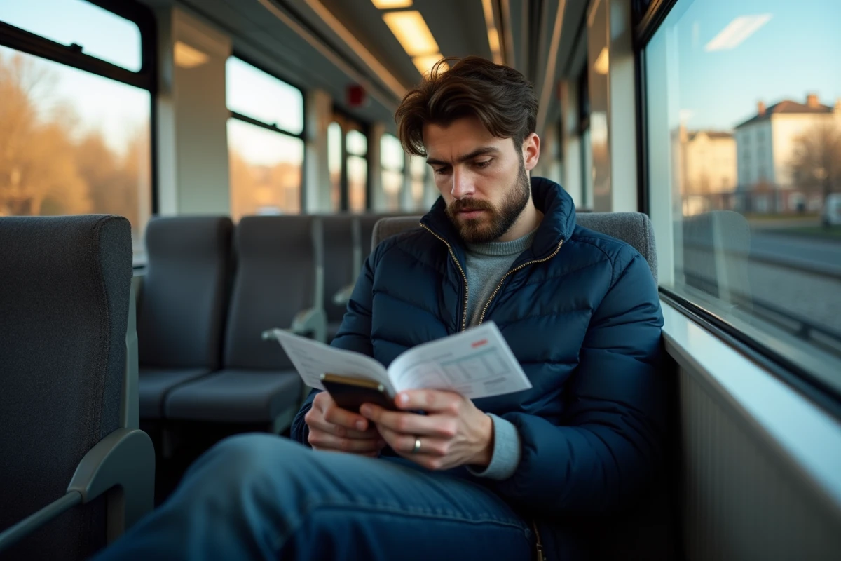 Jeune cadre consultant les nouveaux tarifs de transport en commun sur son smartphone dans un train de banlieue
