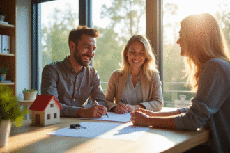 Couple souriant signant un contrat immobilier avec agent dans un bureau lumineux
