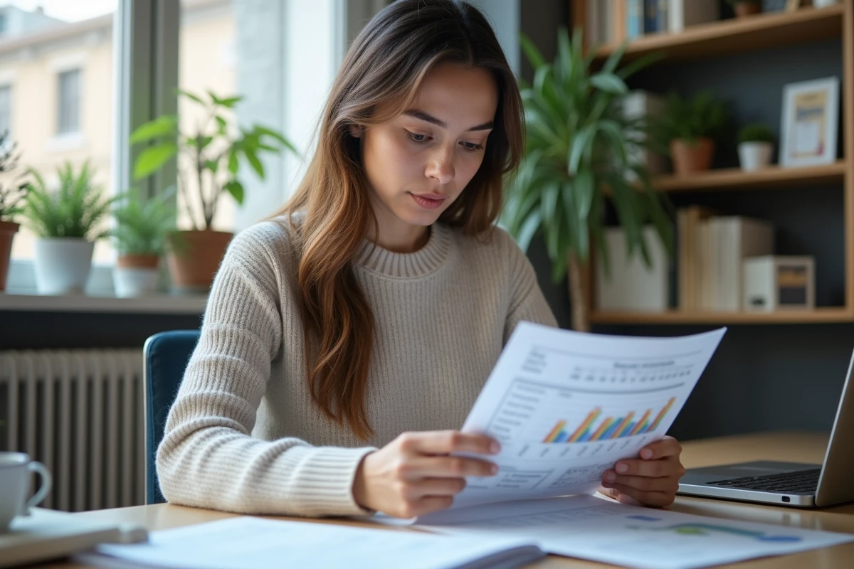 Jeune femme examinant des calculs de batterie dans un bureau