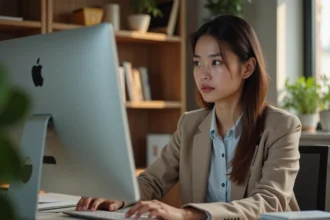 Jeune femme concentrée travaillant sur un ordinateur dans un bureau moderne