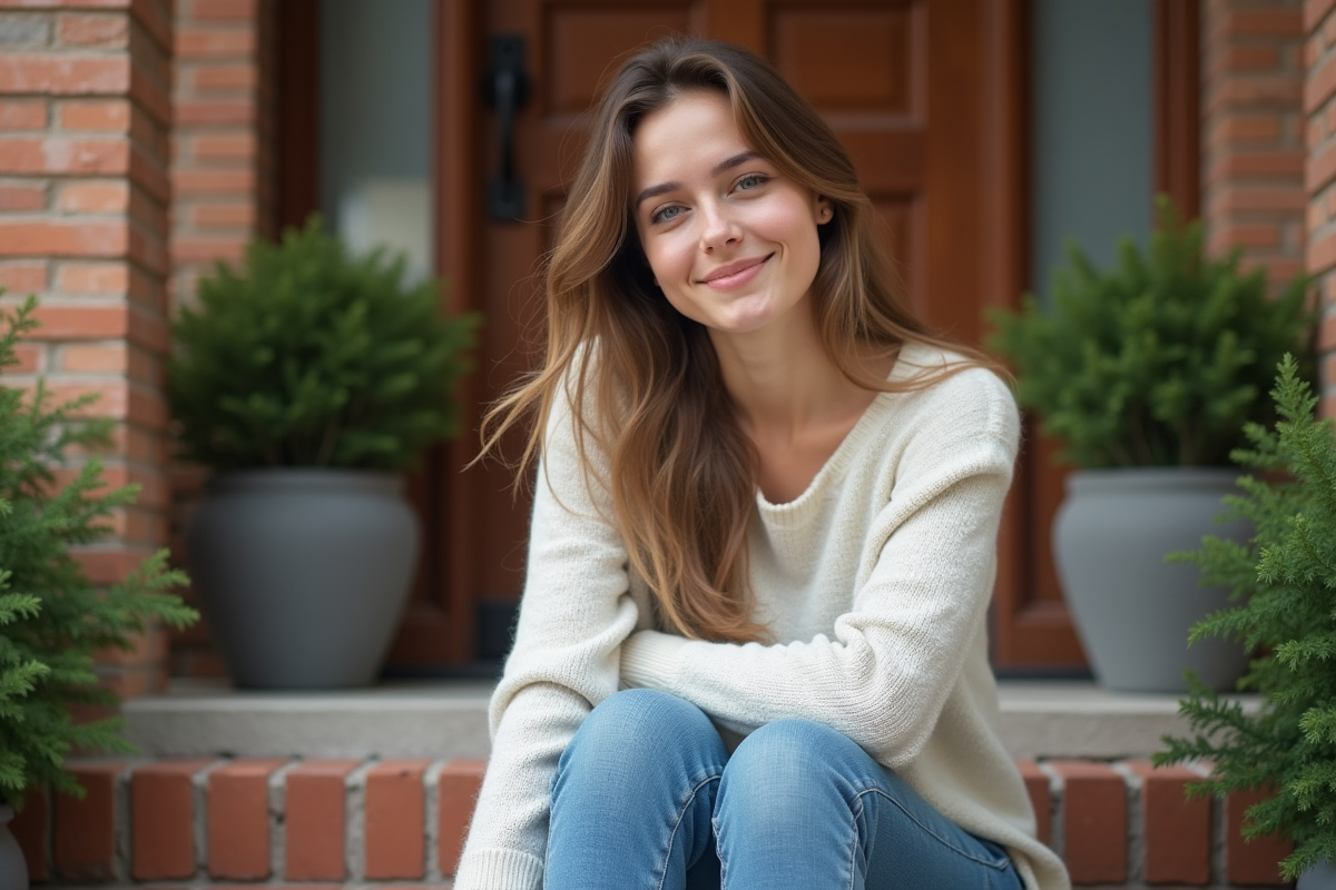 Jeune femme souriante assise devant sa maison