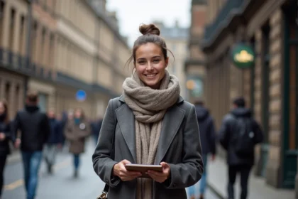 Jeune femme souriante à Edimbourg avec un carnet