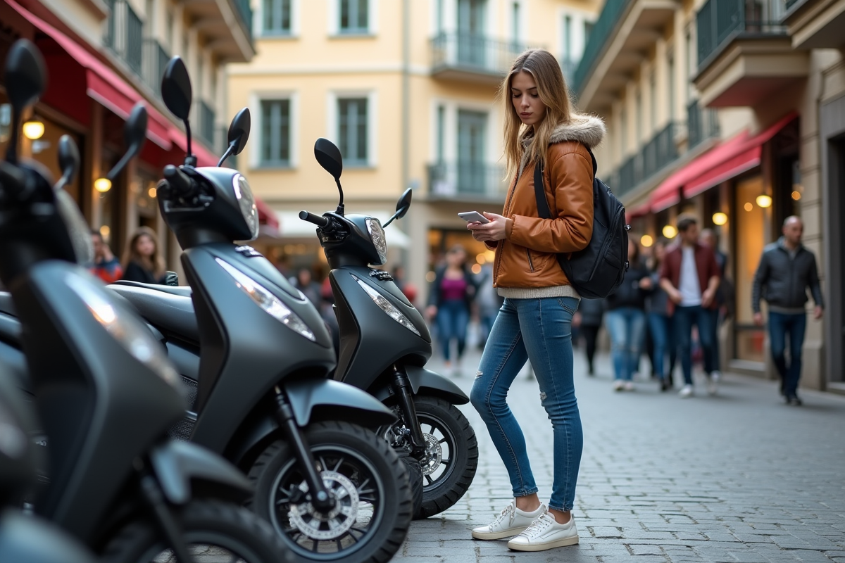 Jeune femme regardant des motos Dax dans une place urbaine animée