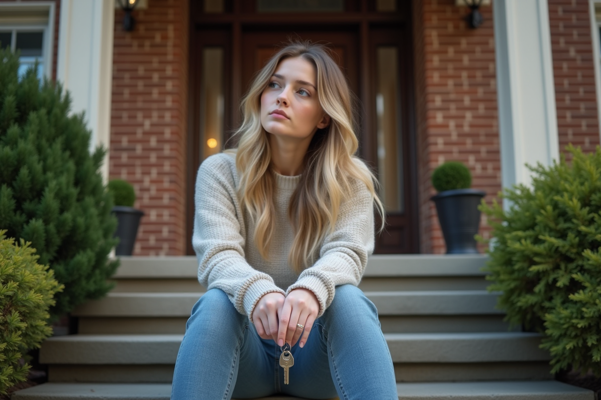 Jeune femme assise sur les escaliers tenant ses clés devant une maison