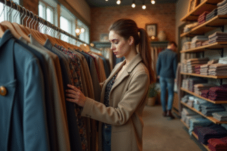 Jeune femme en manteau vintage dans une boutique chaleureuse
