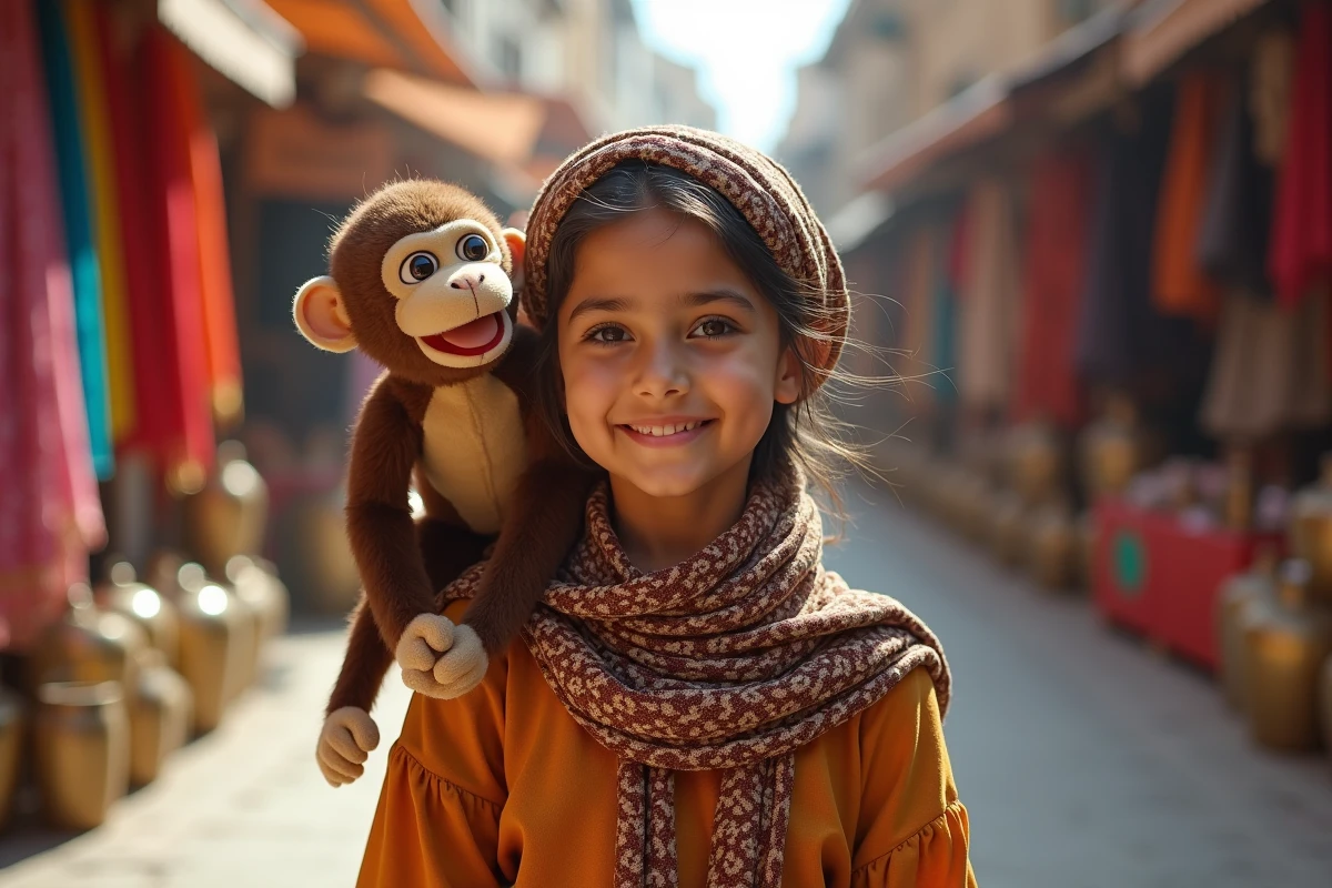 Jeune fille avec marionnette singe dans un bazar coloré