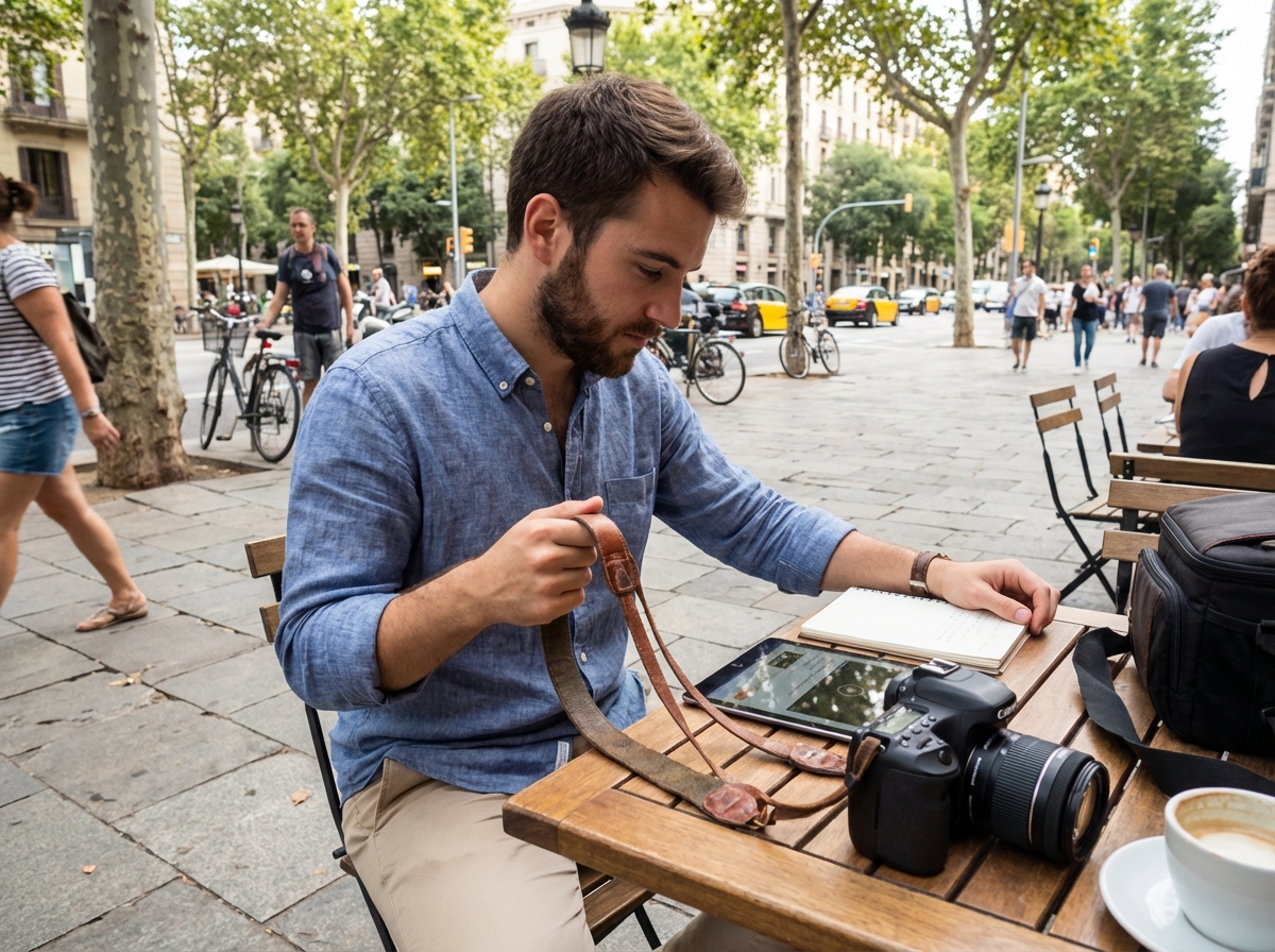 Jeune homme suivant un cours de photographie en extérieur
