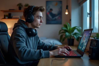 Jeune homme jouant sur un ordinateur portable gaming dans sa chambre