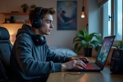 Jeune homme jouant sur un ordinateur portable gaming dans sa chambre