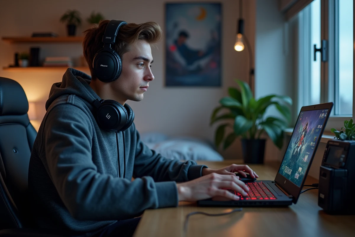 Jeune homme jouant sur un ordinateur portable gaming dans sa chambre