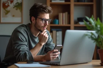 Jeune homme assis à un bureau moderne avec ordinateur portable
