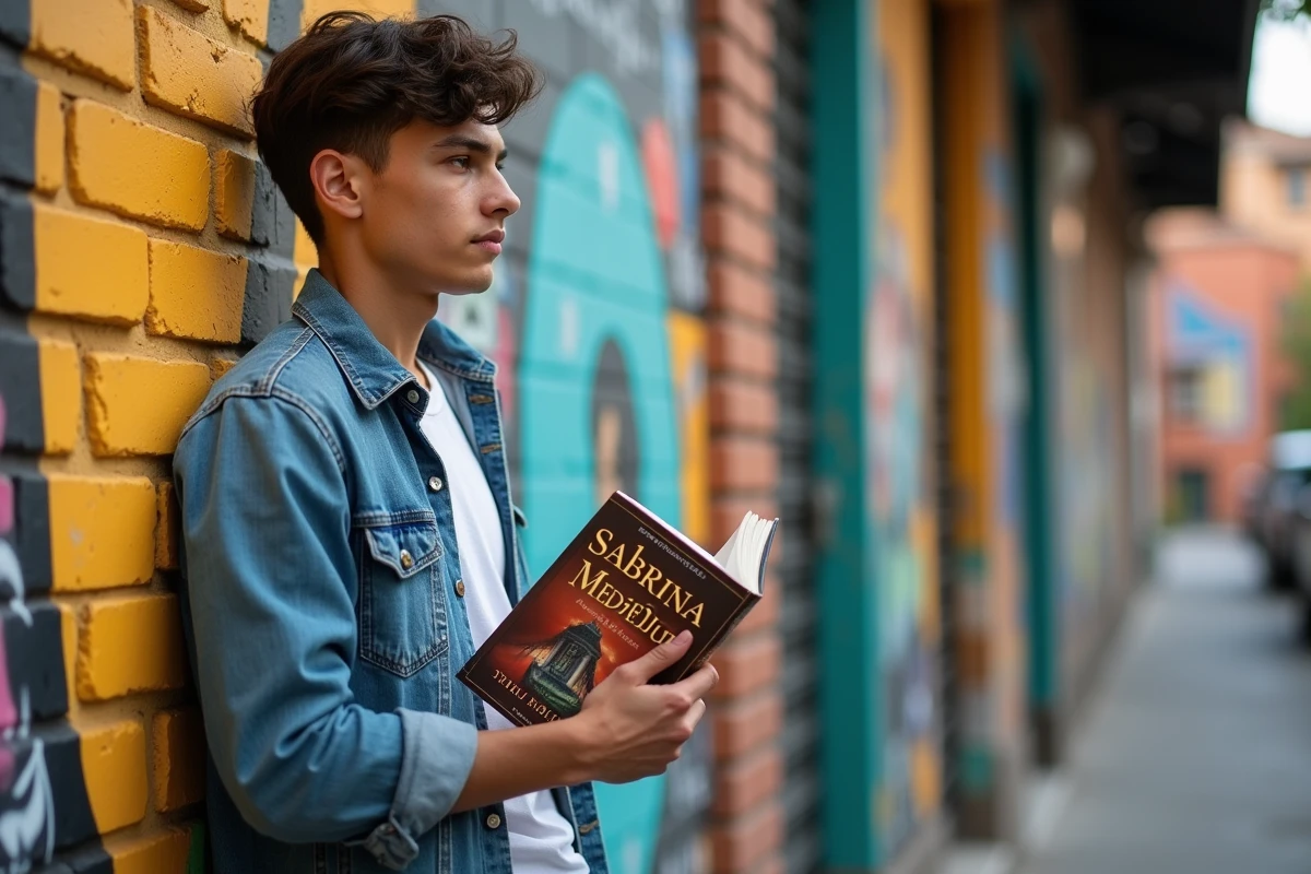 Jeune homme avec livre devant un mur graffiti coloré