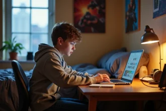 Jeune garçon en hoodie utilisant un ordinateur dans sa chambre