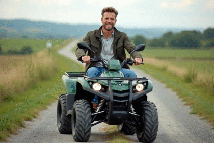 Homme en denim et veste sur quad en campagne