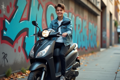 Jeune garçon en denim sur scooter urbain moderne