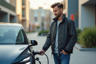 Jeune homme souriant à côté d'une voiture électrique moderne