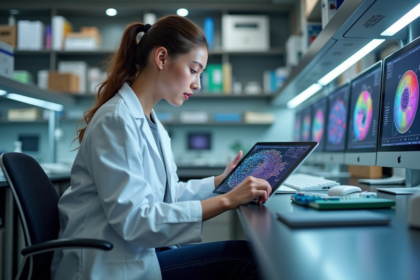 Jeune physicienne en laboratoire examinant une tablette avec diagrammes quantiques
