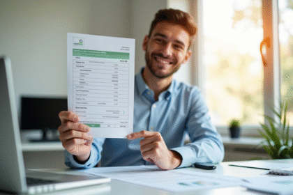 Jeune professionnel satisfait montrant un rapport de credit avec suppression de pret étudiant