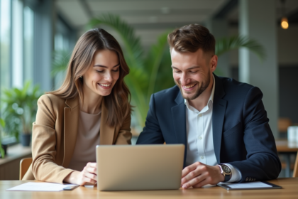 Jeune femme et homme en réunion de travail moderne