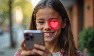 Jeune personne souriante tenant un smartphone avec un cœur rouge à l'écran