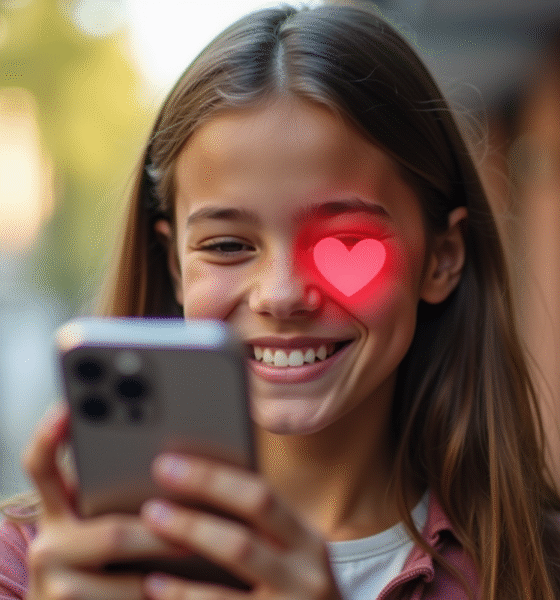 Jeune personne souriante tenant un smartphone avec un cœur rouge à l'écran