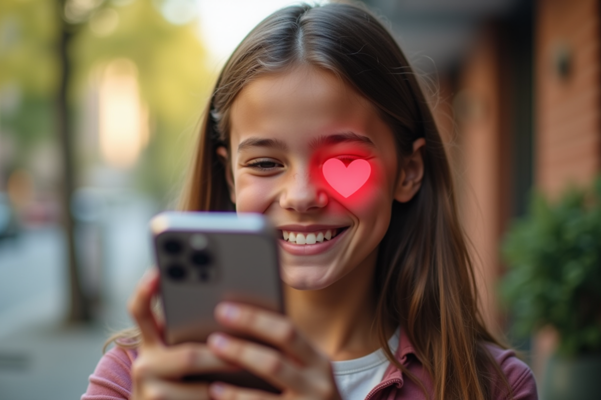 Jeune personne souriante tenant un smartphone avec un cœur rouge à l'écran