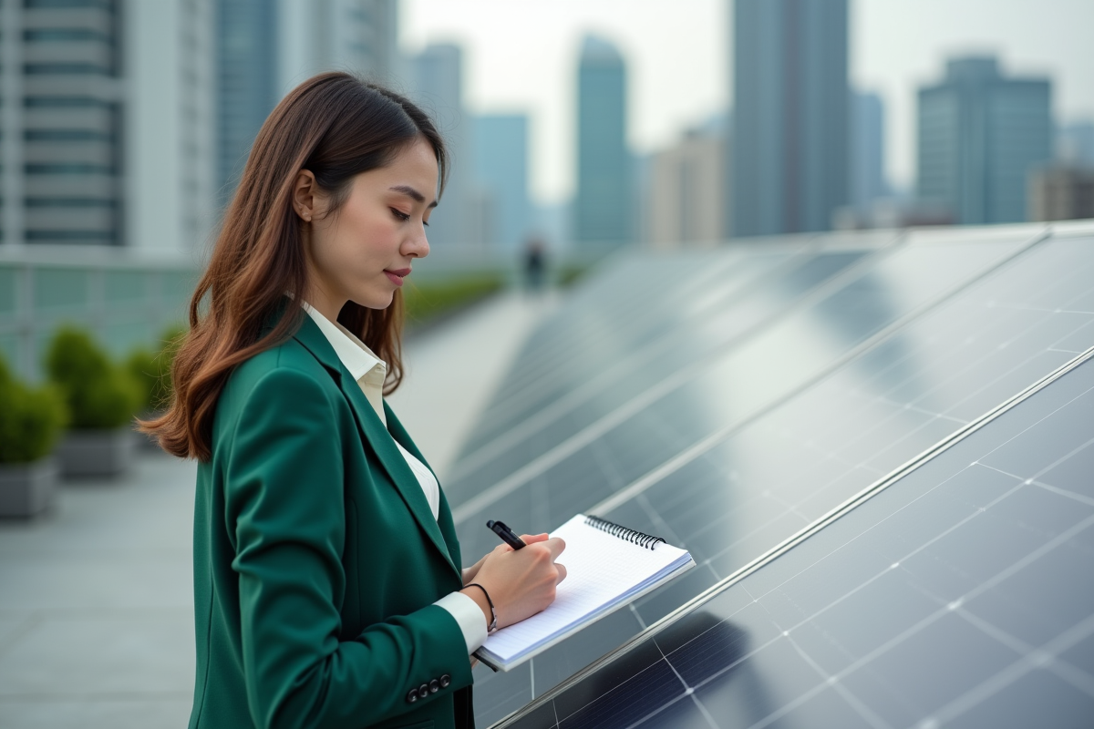 Jeune femme examine des panneaux solaires sur le toit