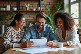 Trois jeunes adultes souriants autour d'un contrat de location dans un appartement lumineux