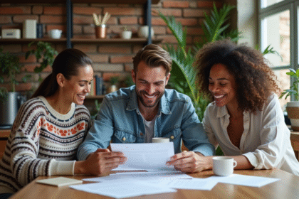 Trois jeunes adultes souriants autour d'un contrat de location dans un appartement lumineux