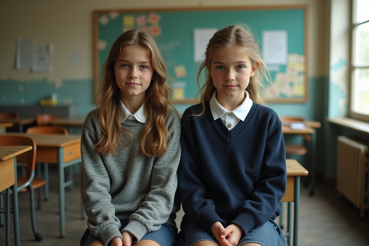 Deux adolescents assis en classe avec vêtements variés