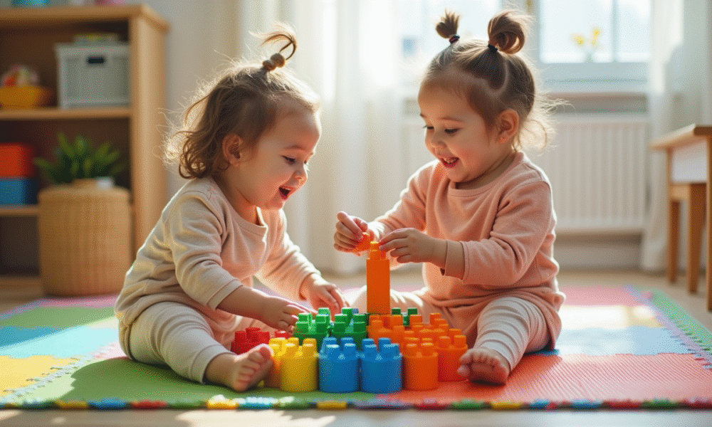 Deux jeunes filles de 3 ans jouent avec des blocs sur un tapis coloré