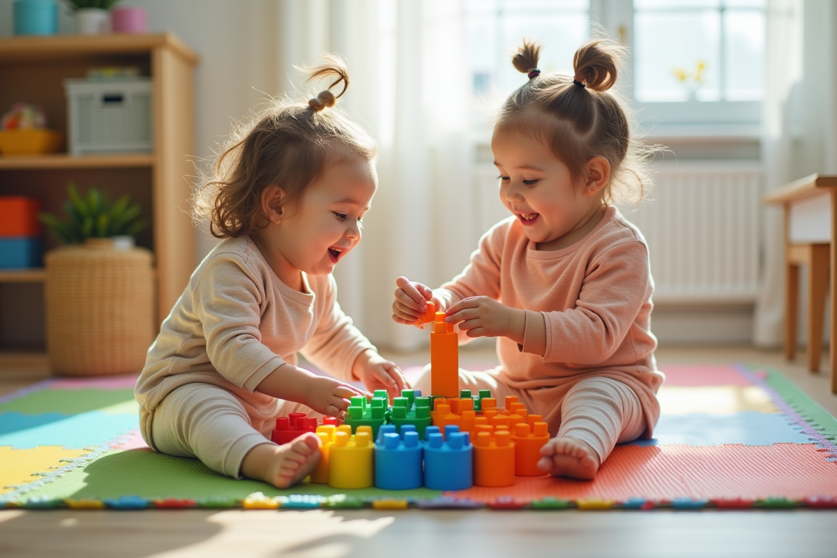 Deux jeunes filles de 3 ans jouent avec des blocs sur un tapis coloré