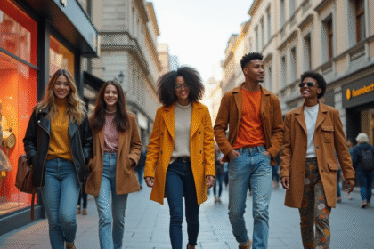 Groupe d'adolescents à la mode dans une ville animée