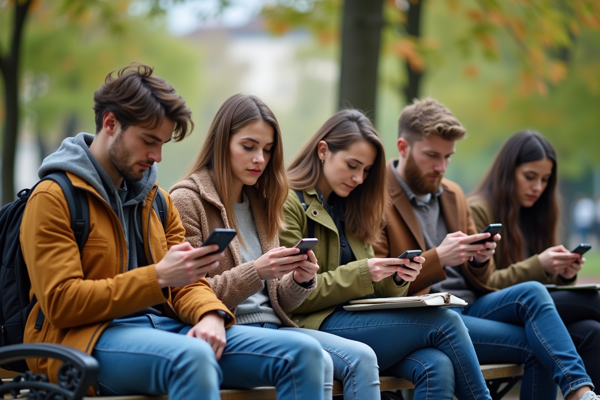 Jeunes adultes sur un banc dans un parc urbain en France