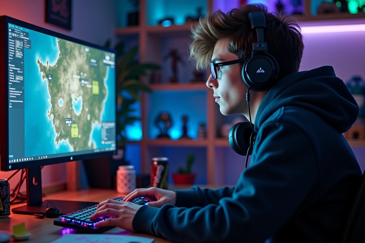 Joueur de Dofus concentré devant ses écrans en train d'utiliser un outil de suivi de portails pour optimiser son farming