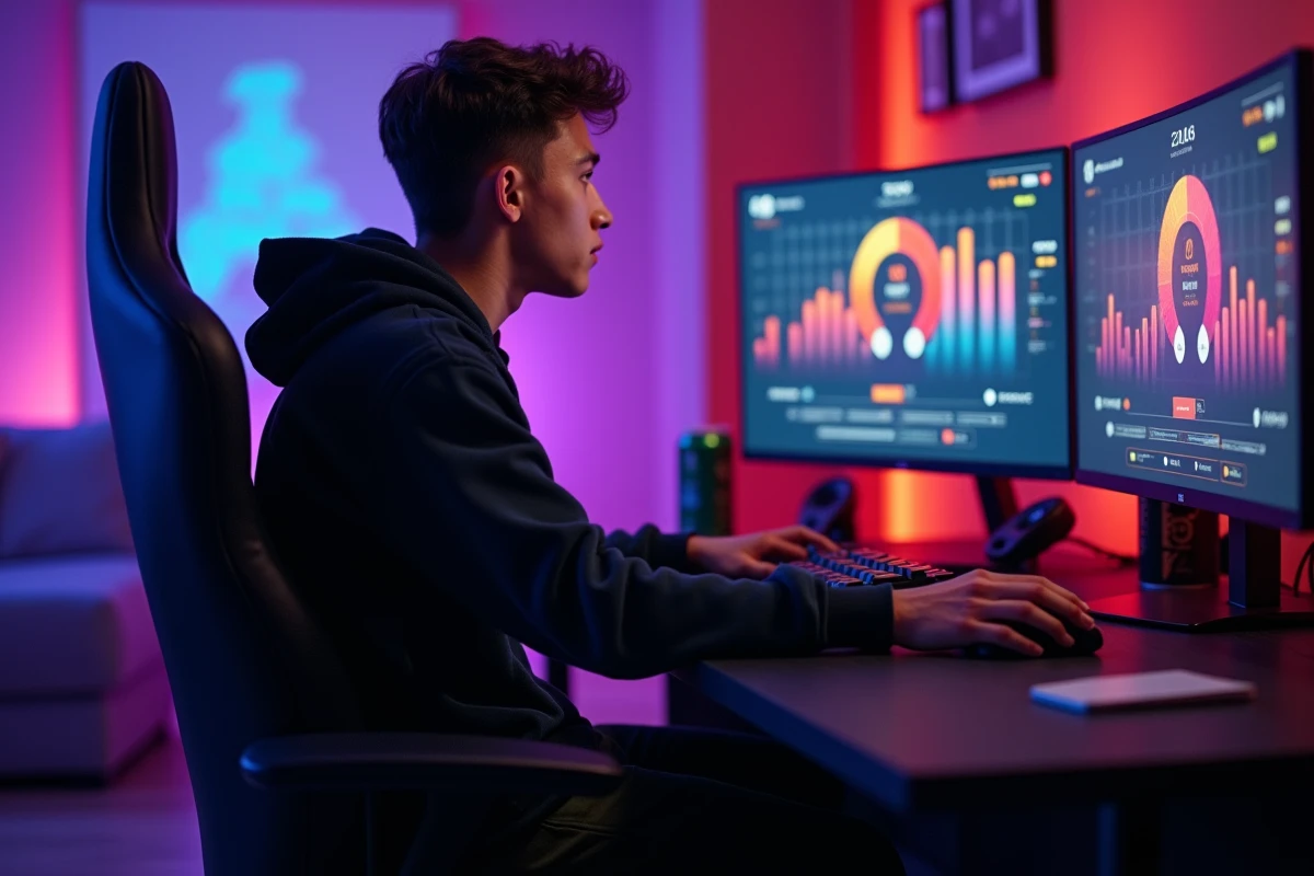 Joueur de League of Legends analysant ses statistiques de temps de jeu sur des écrans de PC gaming dans une pièce sombre avec setup RGB