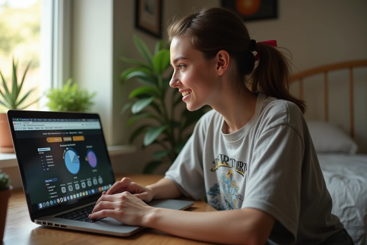 Joueuse consultant l'outil Dofus Portals sur son ordinateur portable pour planifier une session de farming de ressources