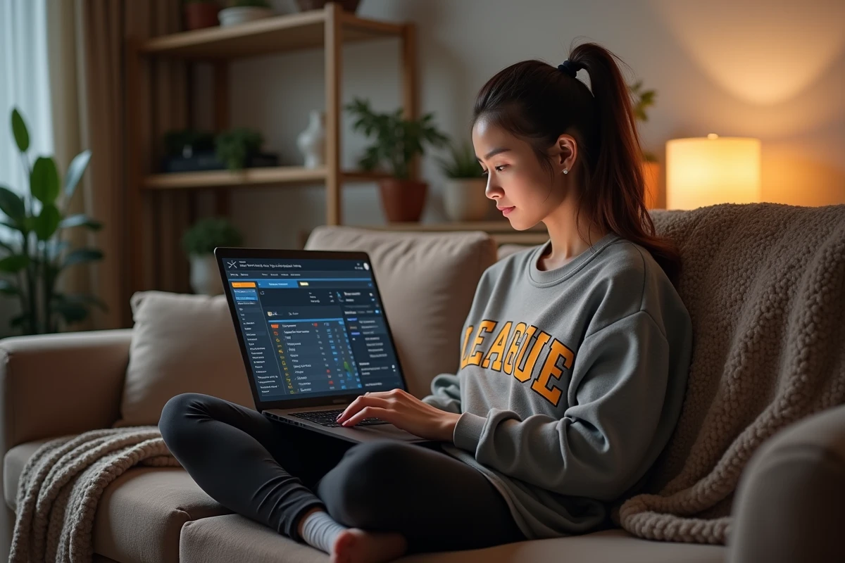 Joueuse de League of Legends consultant ses stats de temps perdu sur LoL via un site de suivi de statistiques sur son laptop depuis son canapé